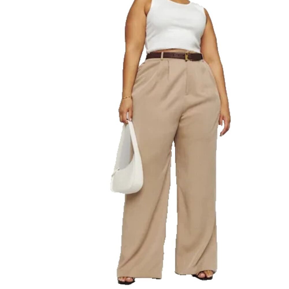 Reformation Mason Wide Leg Women Pants Size 22 Khaki 100% Linen